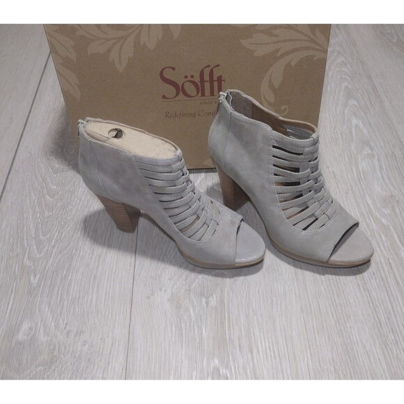 Sofft - Renita Mist Grey Suede Peep-toe Caged High Heel Wedge Sandal - 6.5 -NEW - Picture 4 of 10
